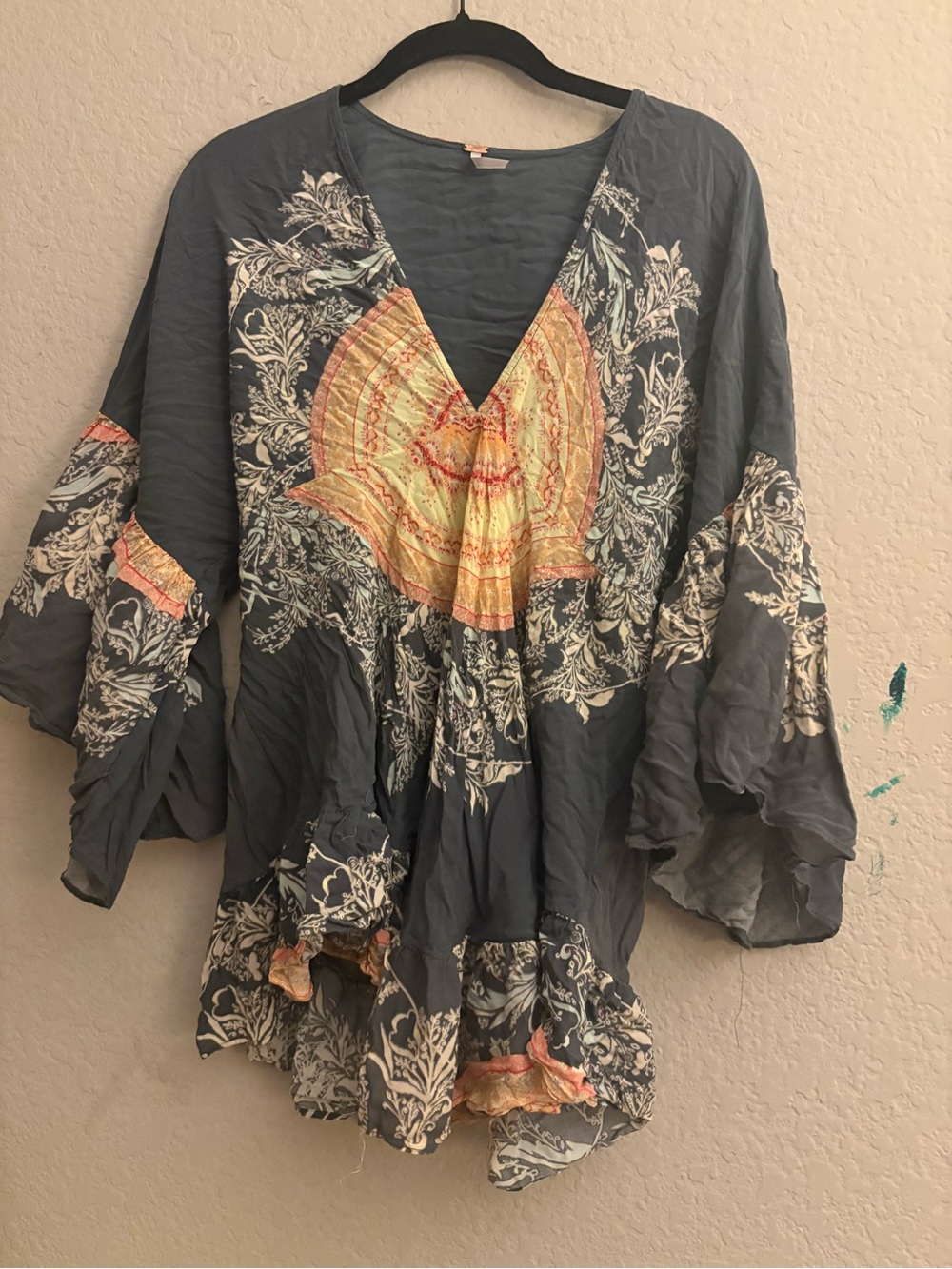 Free people Women's Deep V Floral Boho Tunic Top in Charcoal and Yellow